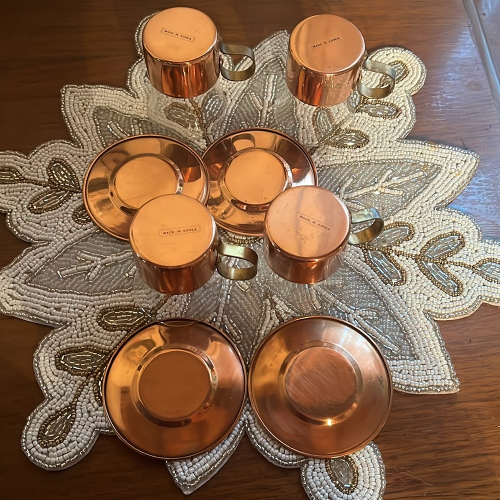 Old Dutch copper & brass espresso coffee set w/saucers & removable glass cups - Picture 3 of 4